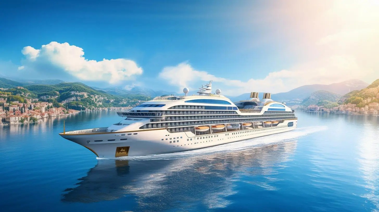A luxurious, sunny scene of the cruise ship Astoria Grande sailing through the Mediterranean Sea. The ship is beautifully lit, with passengers enjoying themselves on the decks. The water is crystal clear, and the sky is a deep blue. 16:9фото