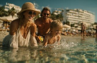 Отдых на Кипре с детьми: песчаный пляж Айя-Напы, счастливые дети играют в воде.